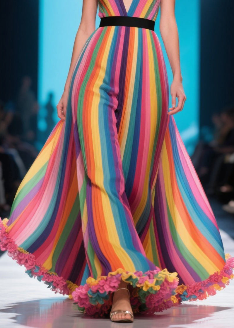 Handmade Rainbow Ruffled Striped Chiffon Maxi Dress Summer