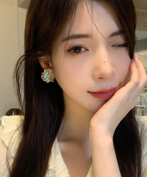 Pendientes florales de resina de plata de ley con diseño de arcoíris hechos a mano