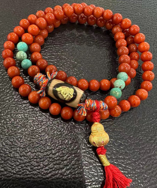 Handmade Red 925 Silver Agate Turquoise Calabash Buddha Statue Charm Bracelet