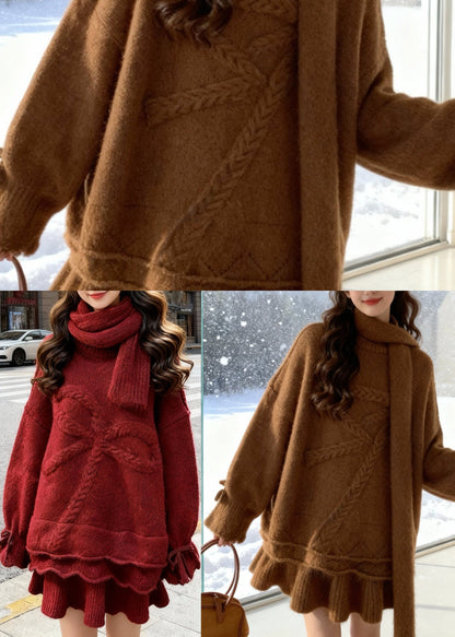 Handmade Red Bow Jacquard Thick Knit Three Piece Set Outfits Winter