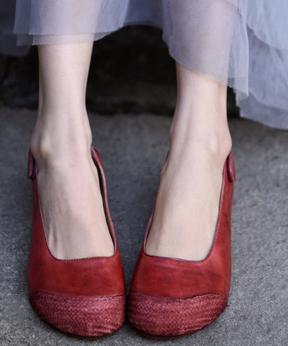 Handmade Red Cowhide Leather Comfy Splicing Flat Shoes