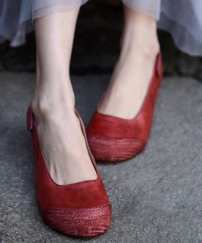 Handmade Red Cowhide Leather Comfy Splicing Flat Shoes