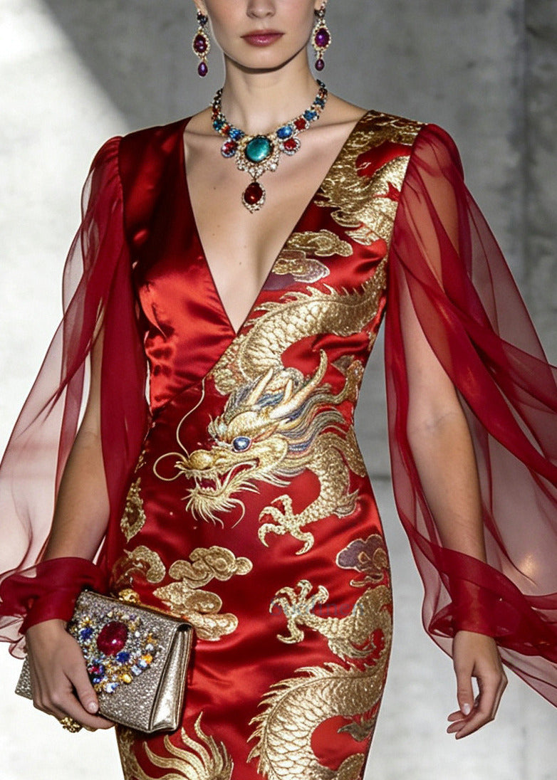 Handmade Red Jacquard Patchwork Silk Dresses Summer
