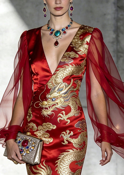Handmade Red Jacquard Patchwork Silk Dresses Summer