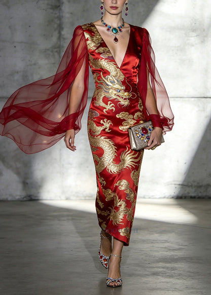 Handmade Red Jacquard Patchwork Silk Dresses Summer