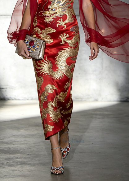 Handmade Red Jacquard Patchwork Silk Dresses Summer
