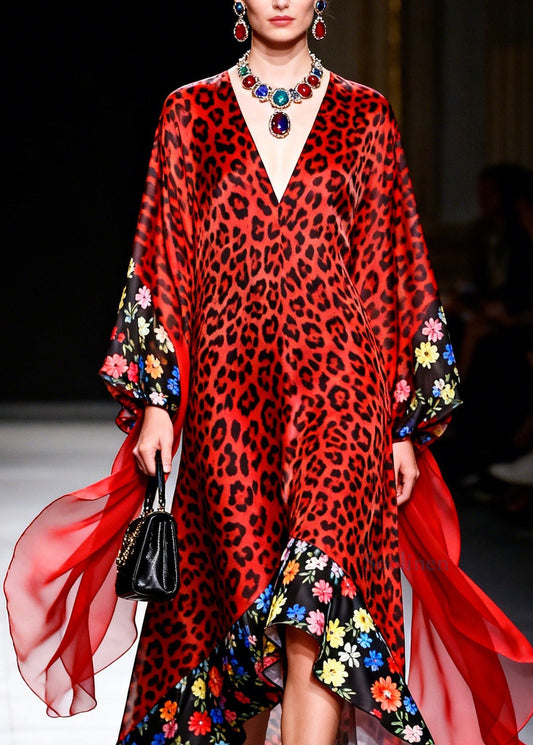 Handmade Red Leopard V Neck Print Patchwork Chiffon Long Dress
