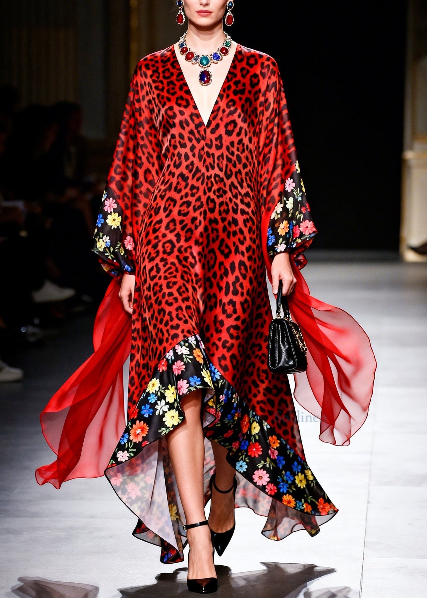Handmade Red Leopard V Neck Print Patchwork Chiffon Long Dress