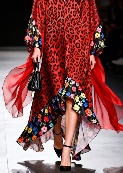 Handmade Red Leopard V Neck Print Patchwork Chiffon Long Dress