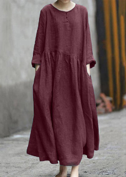 Handmade Red O-Neck Patchwork Pockets Robe Dresses Fall