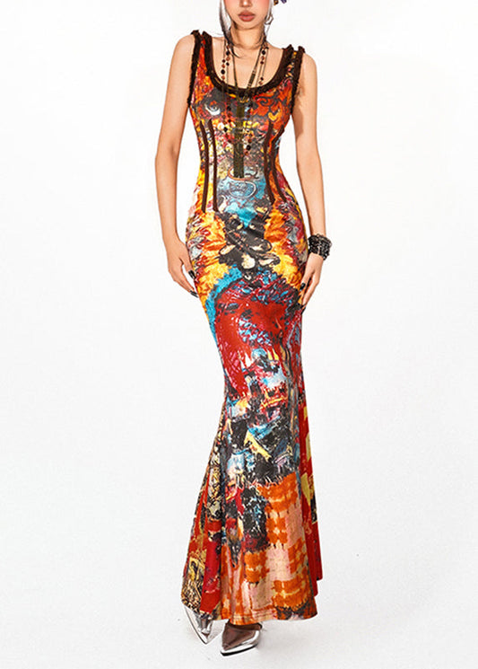 Handmade Red O-Neck Print Maxi Fishtail Dresses Summer