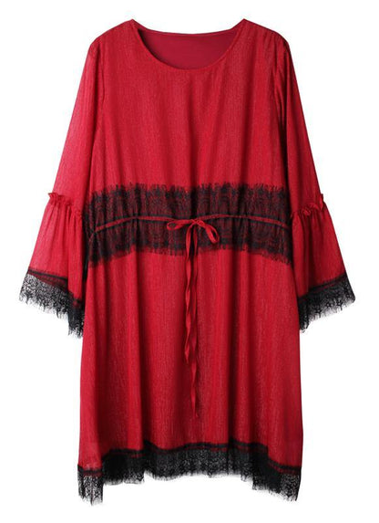 Handmade Red Patchwork Chiffon flare sleeve Summer Mini Dresses - SooLinen