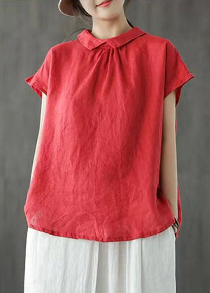 Blusa de lino con cuello Peter Pan rojo, hecha a mano, con botones y patchwork, manga corta
