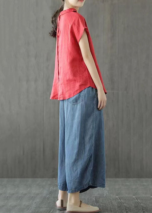 Blusa de lino con cuello Peter Pan rojo, hecha a mano, con botones y patchwork, manga corta