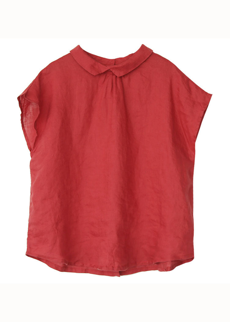 Blusa de lino con cuello Peter Pan rojo, hecha a mano, con botones y patchwork, manga corta