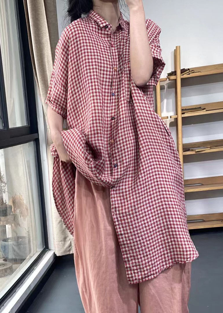 Handgemachte rote Peter Pan Kragen karierten Baumwollhemden Kleid Sommer
