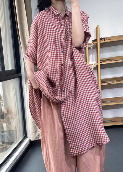 Handgemachte rote Peter Pan Kragen karierten Baumwollhemden Kleid Sommer
