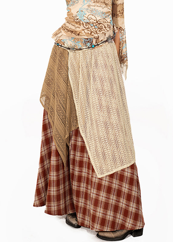 Handmade Red Plaid Knit Patchwork Maxi Skirt Summer