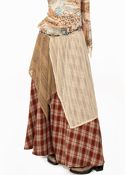 Handmade Red Plaid Knit Patchwork Maxi Skirt Summer