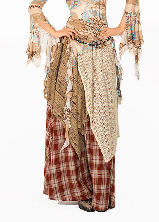 Handmade Red Plaid Knit Patchwork Maxi Skirt Summer