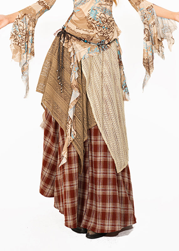 Handmade Red Plaid Knit Patchwork Maxi Skirt Summer