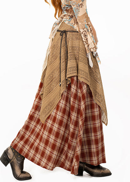 Handmade Red Plaid Knit Patchwork Maxi Skirt Summer