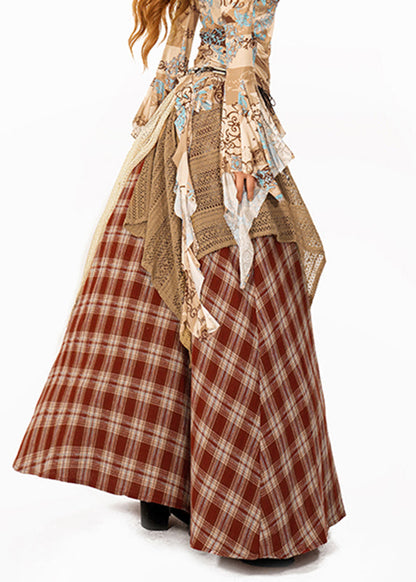 Handmade Red Plaid Knit Patchwork Maxi Skirt Summer