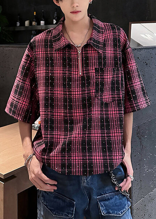 Handmade Red Plaid Zippered Zircon Cotton Men Shirts Half Sleeve