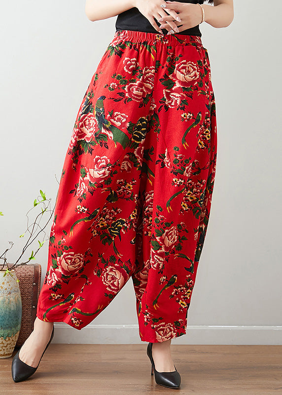Pantalones anchos de cintura cómoda con estampado rojo hechos a mano