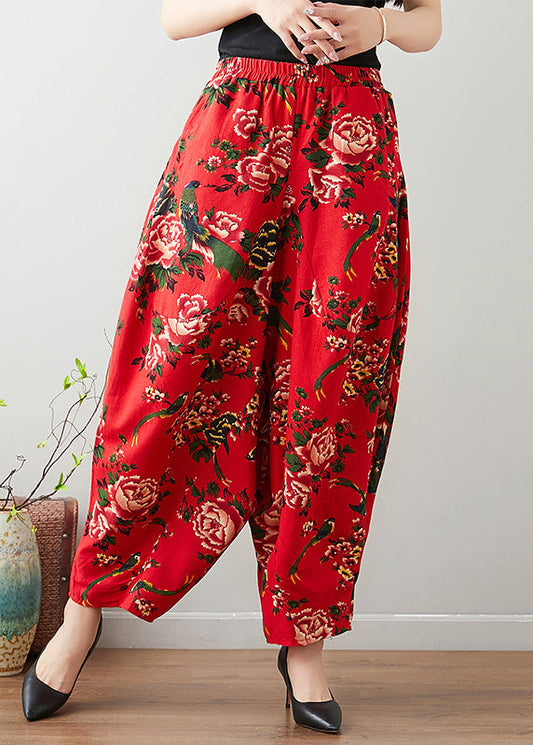 Pantalones anchos de cintura cómoda con estampado rojo hechos a mano
