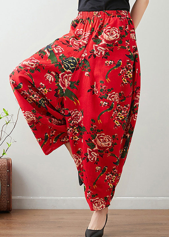 Pantalones anchos de cintura cómoda con estampado rojo hechos a mano