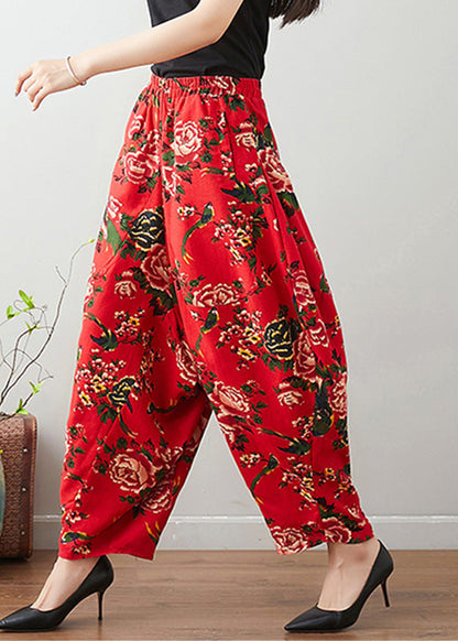 Pantalones anchos de cintura cómoda con estampado rojo hechos a mano