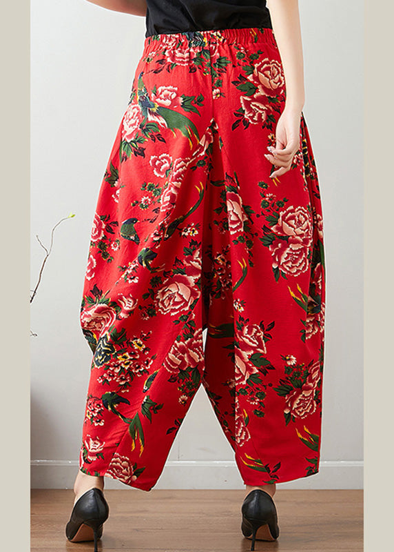 Pantalones anchos de cintura cómoda con estampado rojo hechos a mano