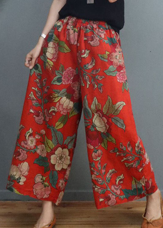 Handgemachte Leinenhose mit weitem Bein und rotem Print, Frühling