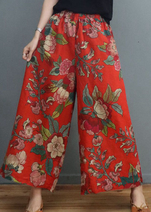 Handgemachte Leinenhose mit weitem Bein und rotem Print, Frühling