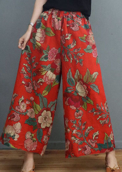 Handgemachte Leinenhose mit weitem Bein und rotem Print, Frühling