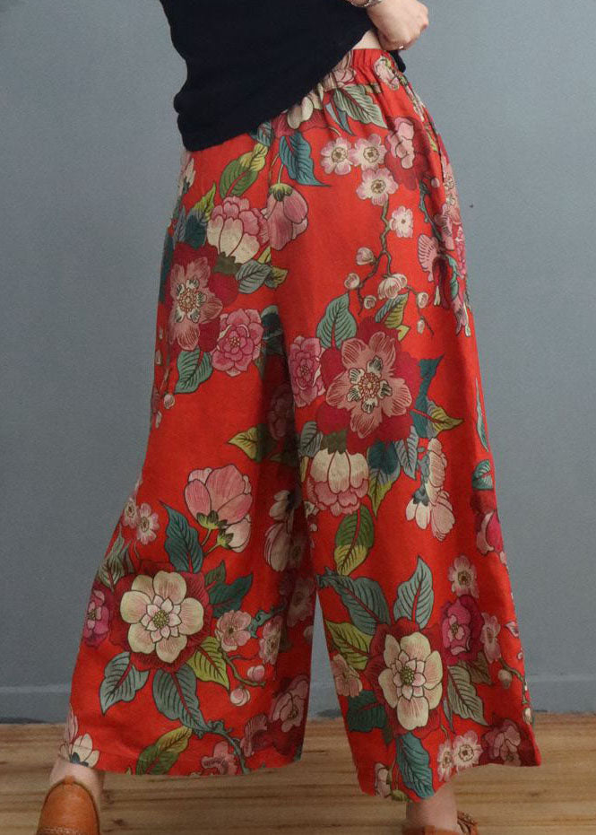 Handgemachte Leinenhose mit weitem Bein und rotem Print, Frühling