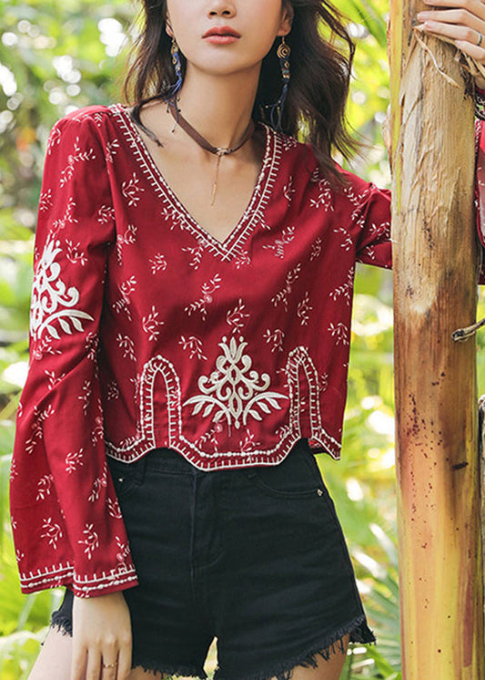 Handmade Red V Neck Embroidered Cotton Top Flare Sleeve
