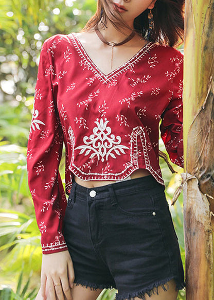 Handmade Red V Neck Embroidered Cotton Top Flare Sleeve