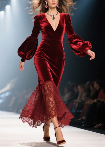 Vestidos de terciopelo con cuello en V rojo hechos a mano con patchwork de encaje para primavera