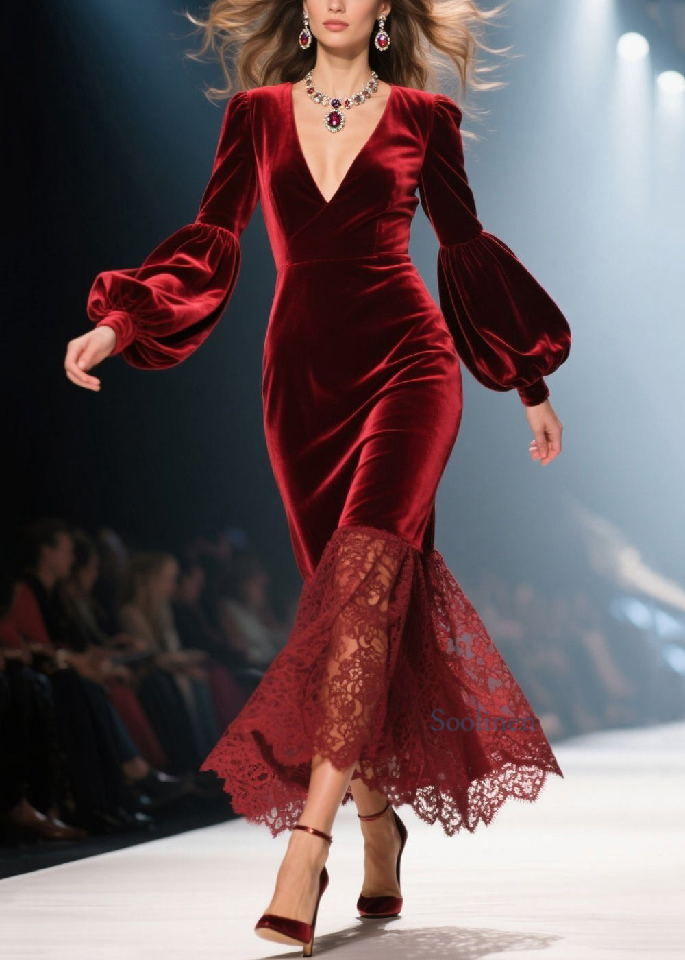 Vestidos de terciopelo con cuello en V rojo hechos a mano con patchwork de encaje para primavera