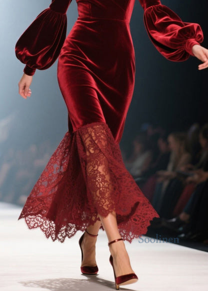 Vestidos de terciopelo con cuello en V rojo hechos a mano con patchwork de encaje para primavera