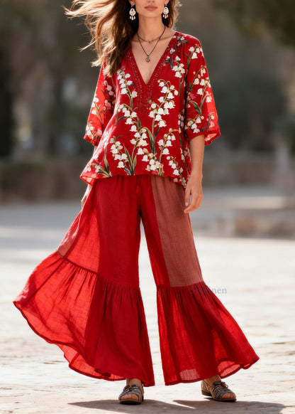 Handmade Red V Neck Print Tops And Pants Cotton Two Piece Set Summer
