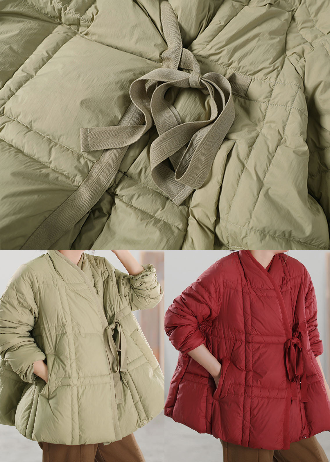 Handgemachter roter V-Ausschnitt mit Taillenbund und Entendaunen-Daunenmantel für den Winter