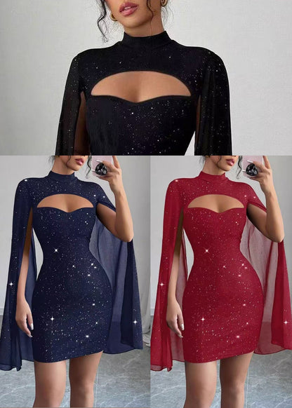 Handmade Red Wraped Sequins Day Dress Cloak Sleeves