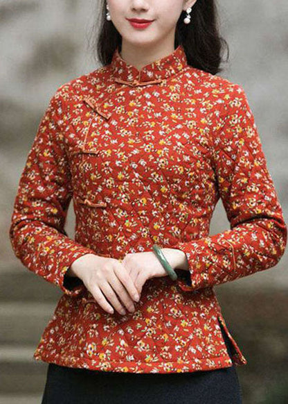 Handgemachte rote Seite offen Stehkragen Knopf Druck Feine Baumwolle gefüllt Tops Winter