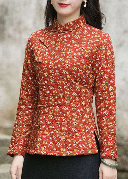 Handgemachte rote Seite offen Stehkragen Knopf Druck Feine Baumwolle gefüllt Tops Winter