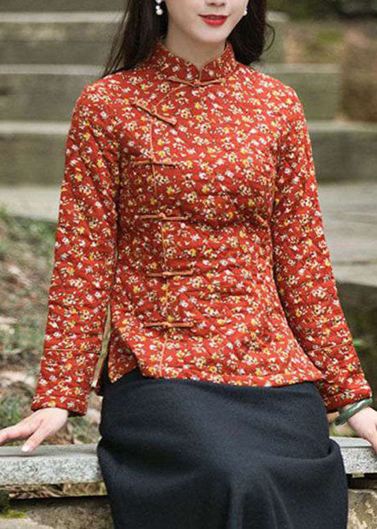 Handgemachte rote Seite offen Stehkragen Knopf Druck Feine Baumwolle gefüllt Tops Winter