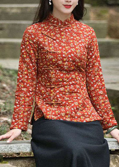 Handgemachte rote Seite offen Stehkragen Knopf Druck Feine Baumwolle gefüllt Tops Winter