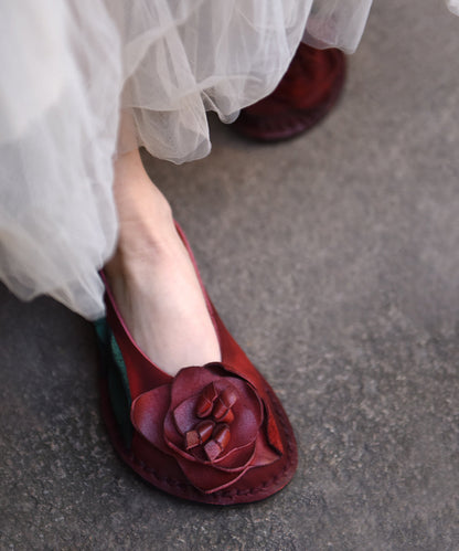 Handmade Retro Red Cowhide Leather Floral Splicing Flat Shoes